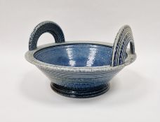 Jane Hamlyn (b.1940) salt glazed bowl with twin handles, in blue and green colourway, impressed