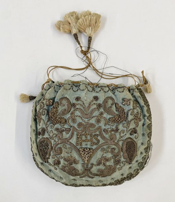 18th century embroidered silk purse reticule, probably ecclesiastical, the pale blue ground - Image 6 of 15