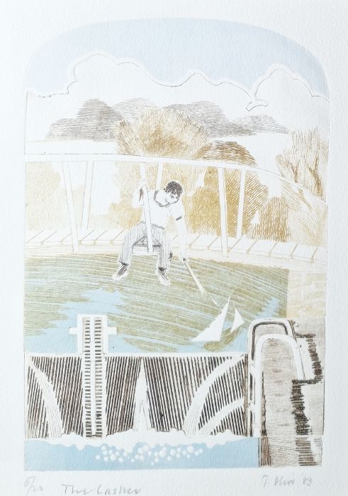 T. Olive  Limited edition etching in shades of brown, blue and white 'The Lasher', 5/20, signed,