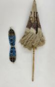 Beaded miser's purse and a small Edwardian parasol with folding cane and silver-coloured metal