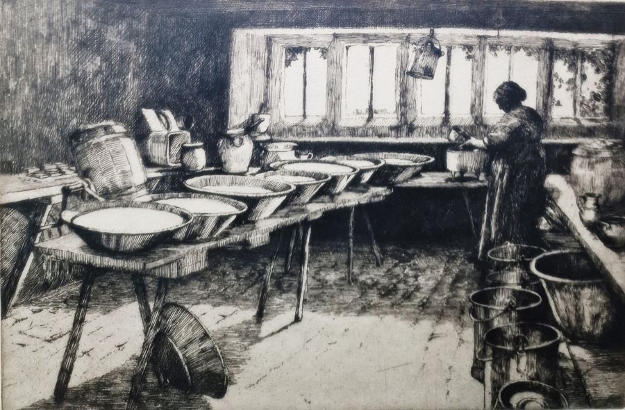 Margaret Kemp-Welch (1874-1968) Black and white etching  Interior of woman in dairy, signed in
