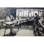 Margaret Kemp-Welch (1874-1968) Black and white etching  Interior of woman in dairy, signed in