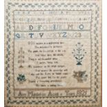 Early 19th century sampler with alphabet, verse, floral, trees, floral border, with inscription 'Ann