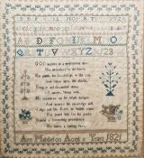 Early 19th century sampler with alphabet, verse, floral, trees, floral border, with inscription 'Ann
