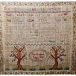 19th century sampler on linen, with alphabet verse, trees, inscribed Mary Shrimpton aged 11, date