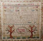 19th century sampler on linen, with alphabet verse, trees, inscribed Mary Shrimpton aged 11, date