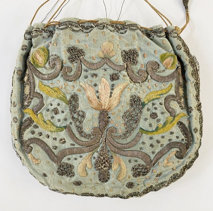 18th century embroidered silk purse reticule, probably ecclesiastical, the pale blue ground - Image 9 of 15