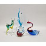 Murano sommerso glass model of a bird in blue and red colourway height 20cm, a glass model of a deer