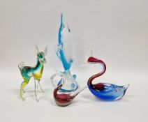 Murano sommerso glass model of a bird in blue and red colourway height 20cm, a glass model of a deer