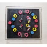 Painted wooden Liquorice Allsort jewellery to include beaded necklace, two brooches and a pair of