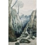 Murial Allen?? Etching 'Stream of Thought', image of a stream flowing through a mountainous