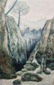 Murial Allen?? Etching 'Stream of Thought', image of a stream flowing through a mountainous