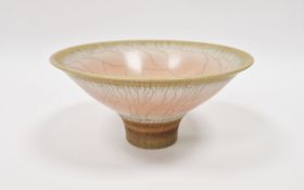David White (1934-2011) studio porcelain footed bowl with peach colour craquelle glaze, impressed DW