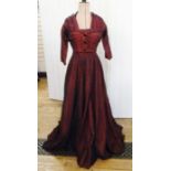 1950's evening dress with matching jacket black lace over red satin, strapless circle skirt, the