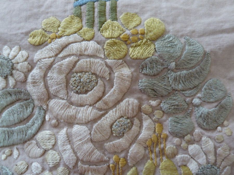 Art Nouveau/Arts & Crafts embroidered linen cushion cover decorated with posy of stylised flowers - Image 3 of 8