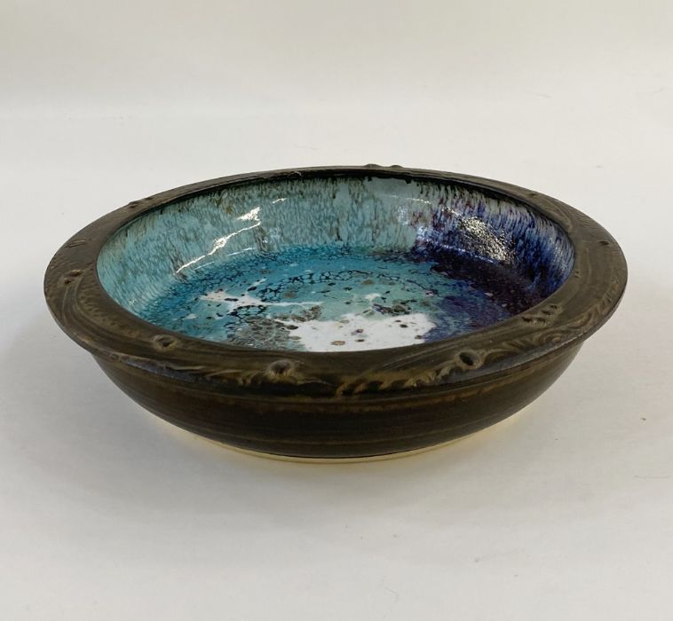 Studio pottery bowl, probably by Andrew Wilson, with flattened scroll over rim decorated with - Image 9 of 12