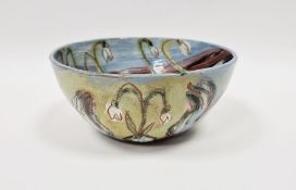 Jitka Palmer (Czech) studio pottery 'Snowdrops' bowl, painted with slips, decorated with figures