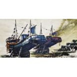 Bill Hawkes  Two oils on boards Beached sailing and fishing vessels, 44cm x 90cm and 43cm x 75cm (2)