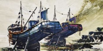 Bill Hawkes  Two oils on boards Beached sailing and fishing vessels, 44cm x 90cm and 43cm x 75cm (2)