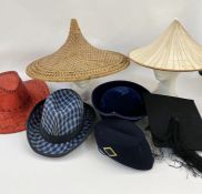 Quantity of straw boaters, Panama, raffia hats, Chinese-style straw hats, a red sequin cowboy hat