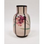 Early 20th century pink opaline glass vase of mallet form with hand painted floral decoration and