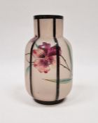 Early 20th century pink opaline glass vase of mallet form with hand painted floral decoration and