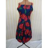 1950's silk cocktail dress, blue printed with vibrant pink/red/purple carnation pattern,  tulip