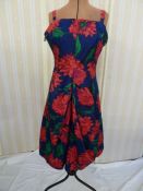 1950's silk cocktail dress, blue printed with vibrant pink/red/purple carnation pattern,  tulip