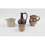 Three pieces of The Friars, Aylesford studio pottery to include a jug with tenmoku glaze,