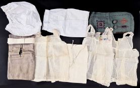 Various vintage lace pieces and trimmings, white collars, linen bags, muslin embroidered doll's