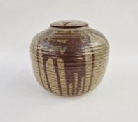 Vicki Reade for Winslow Pottery, large stoneware lidded pot, with dripped iron glaze over oatmeal