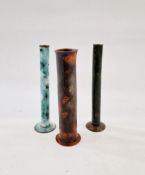 Three 20th century copper and enamel cylindrical vases, orange, green and turquoise, unmarked,