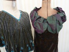 1980's sequin full length evening dress with an added green/purple shot silk ruched collar and