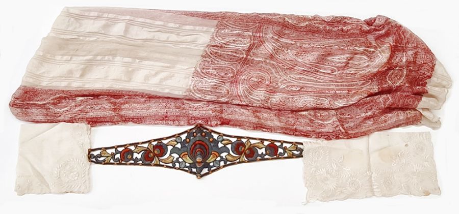 A late 19th century paisley printed silk shawl, two embroidered silk handkerchiefs and a 1920's