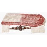 A late 19th century paisley printed silk shawl, two embroidered silk handkerchiefs and a 1920's