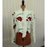 An Angela Holmes fitted cotton jacket with slight peplum bold carnation print on a white