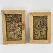 Hugh Boyles (contemporary) Two studio pottery tiles/plaques with relief decoration depicting