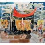 Ron Arte??? Pen and watercolour 'Sunday Night' image showing an open air theatre production in Via