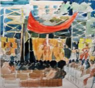 Ron Arte??? Pen and watercolour 'Sunday Night' image showing an open air theatre production in Via