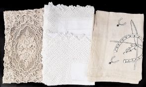 Vintage table linen to include a large white linen table cloth/bedcover, with white embroidered