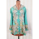 A 1920's/30's turquoise wool 3/4 length jacket, applied embroidery, lined in blue cotton,