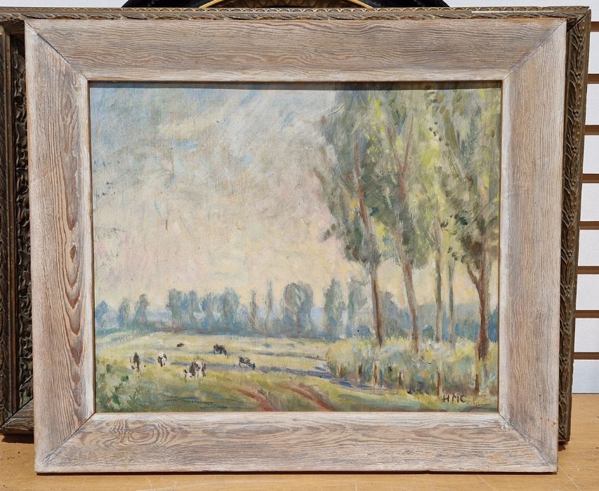 Hester McClintock Oil on panel Landscape with cows grazing, initialled lower right, framed