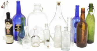 Assorted glassware to include two vintage baby feeding bottles marked 'Allenbuys', two carnival