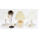 Pair of stained wood table lamps, a ceramic table lamp and a vintage-style desk lamp and four shades