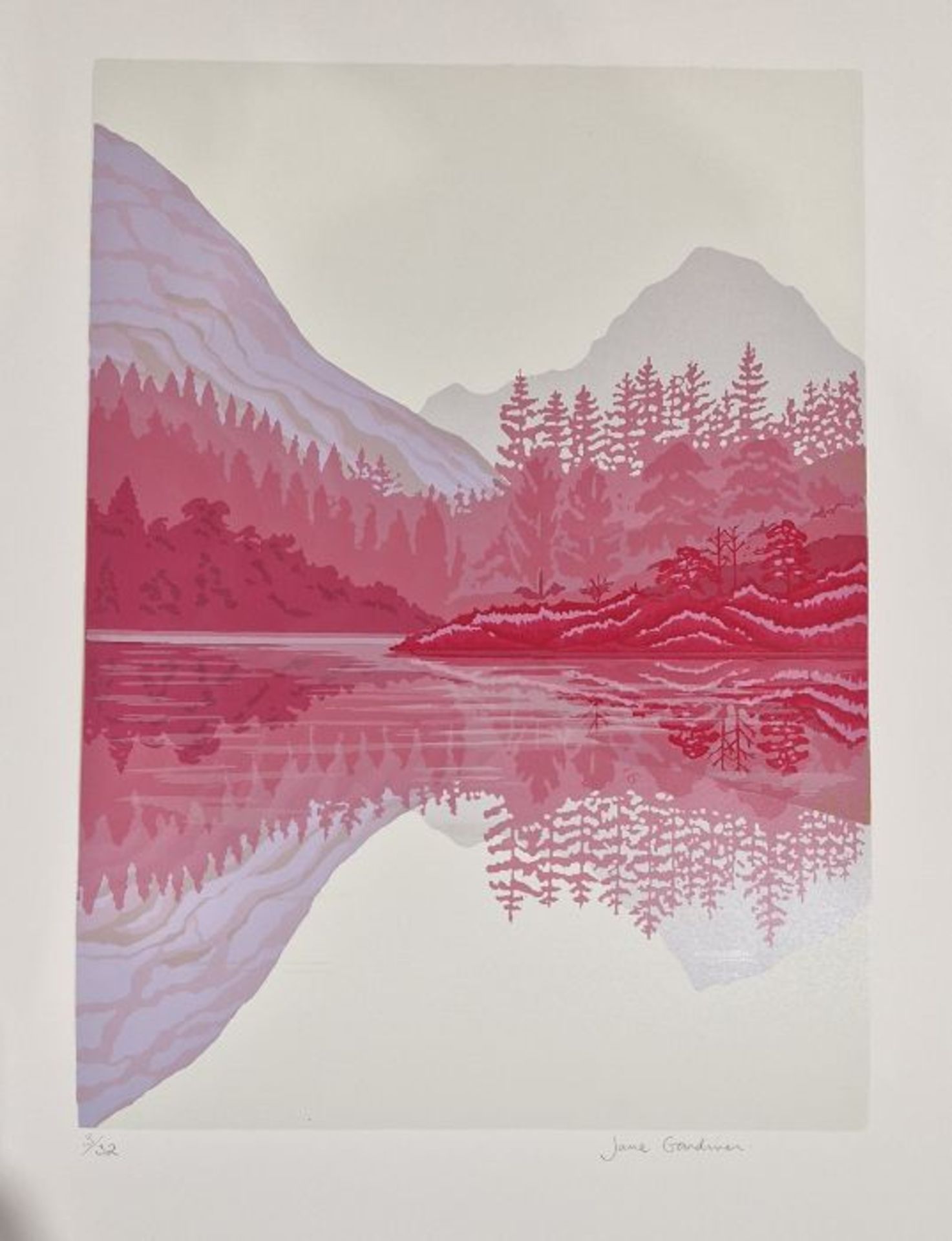 Jane Gardiner  Artists proof colour print  Snowy lake scene with clump of trees on an island, signed - Image 9 of 14