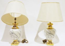 Pair of ceramic table lamps, painted as marble, with gilt stepped foot and top, with shades (2)