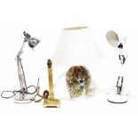 Stainless steel anglepoise lamp, a white anglepoise lamp, a brass-coloured metal table lamp shaped