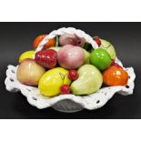 Ceramic fruit basket containing various ceramic fruits; pears, cherries, etc, 40cm diameter