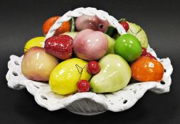 Ceramic fruit basket containing various ceramic fruits; pears, cherries, etc, 40cm diameter