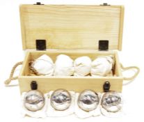 Box set of boules stamped 'Jacques Boule London', in fitted box with rope handles